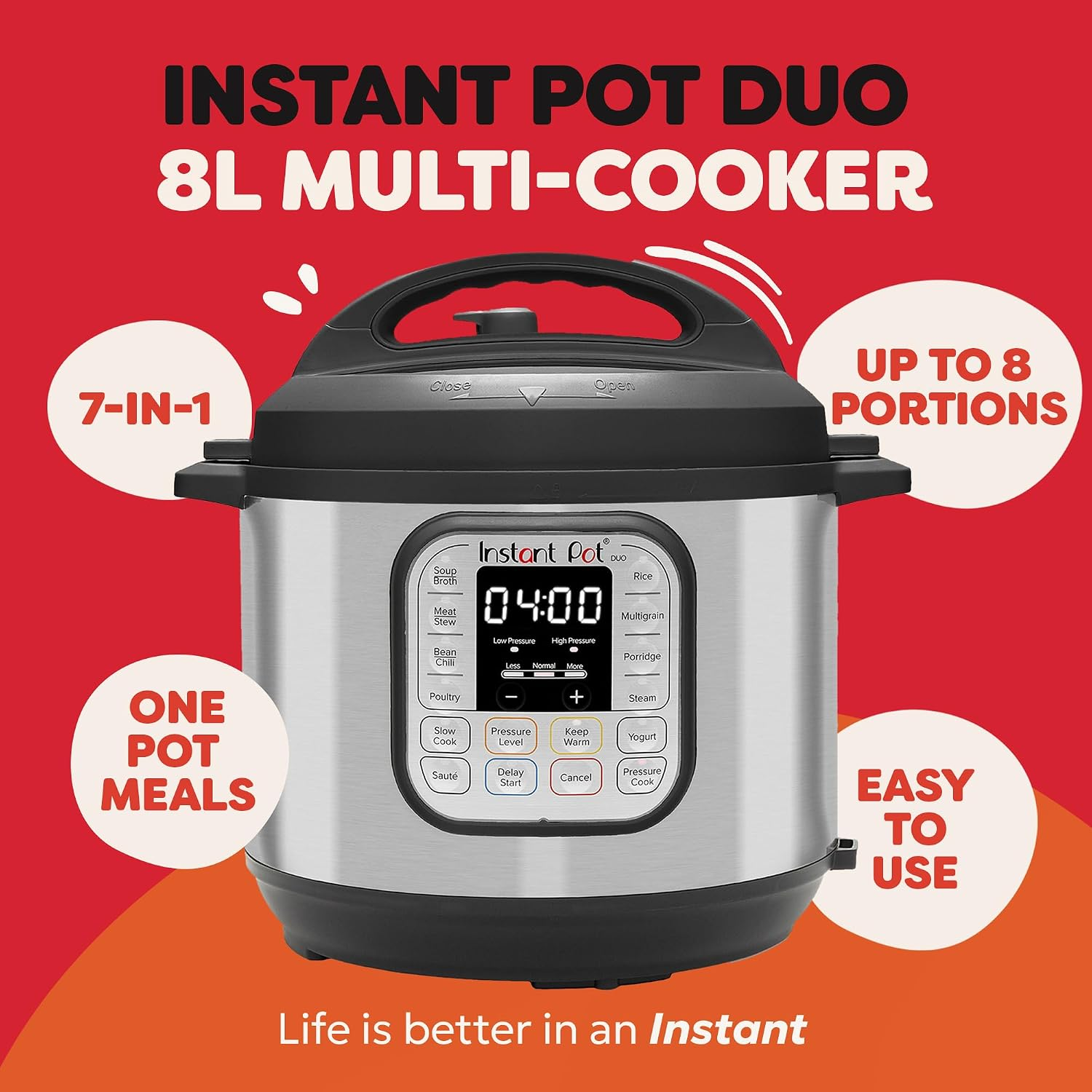 Brushed-steel multi cooker on a kitchen worktop with the digital control panel visible
